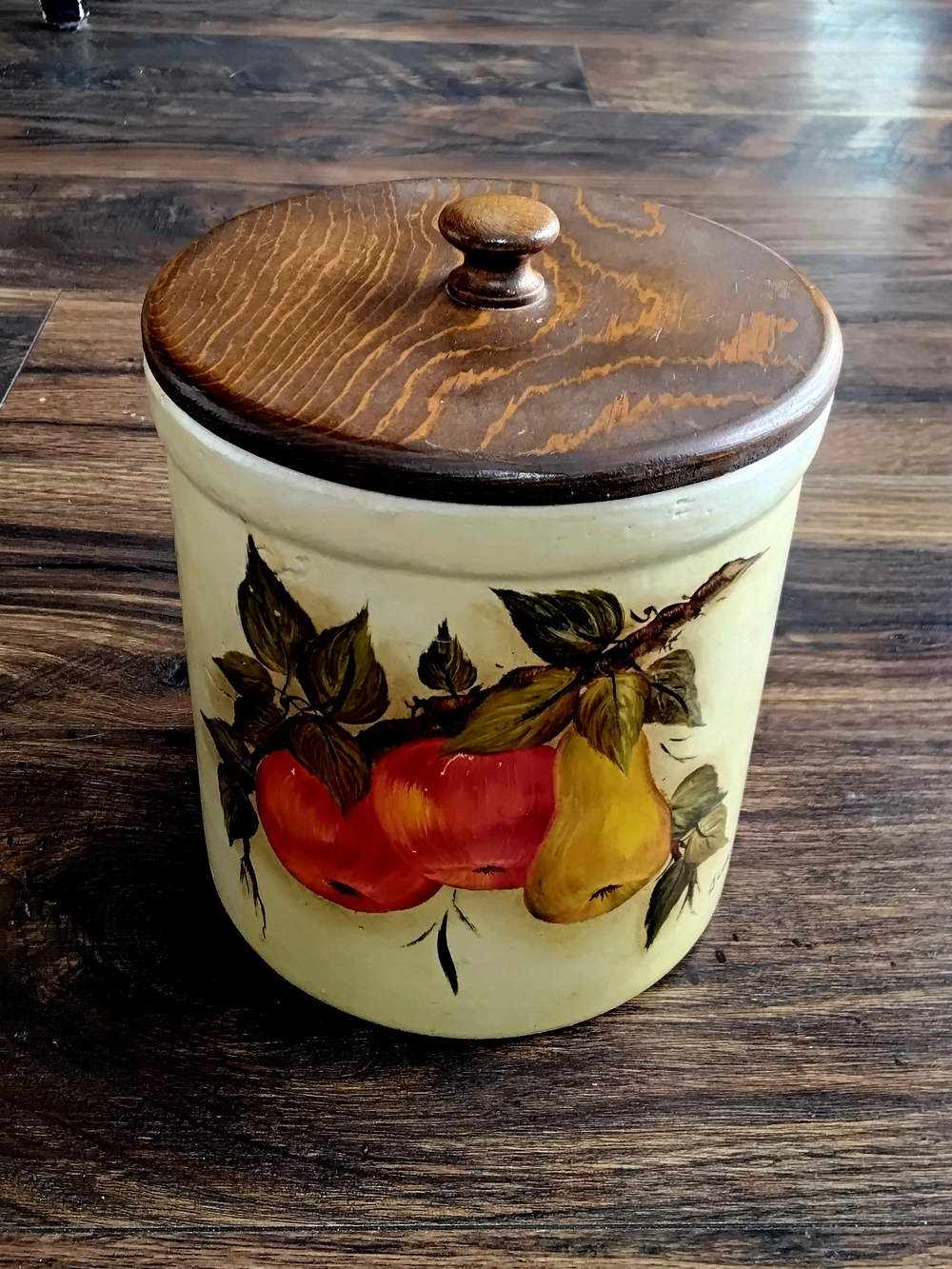 Vintage J. Correll Handpainted Fruit Ceramic Canister W/ Wooden Lid